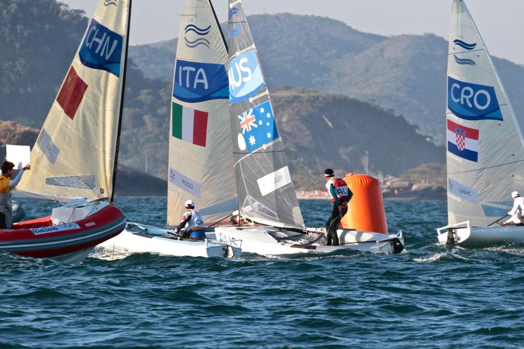 Day 7 - Finn August 14, 2016. Mark rounding at the end of the first windward leeward, race 10, Finn class © Richard Gladwell www.photosport.co.nz